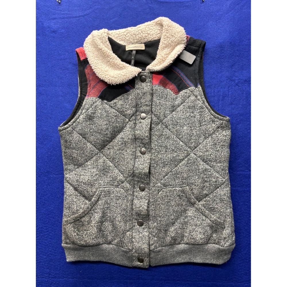 Western Womens Check & Stripe Quilted Sherpa Collar Vest S‎ Gray Plaid